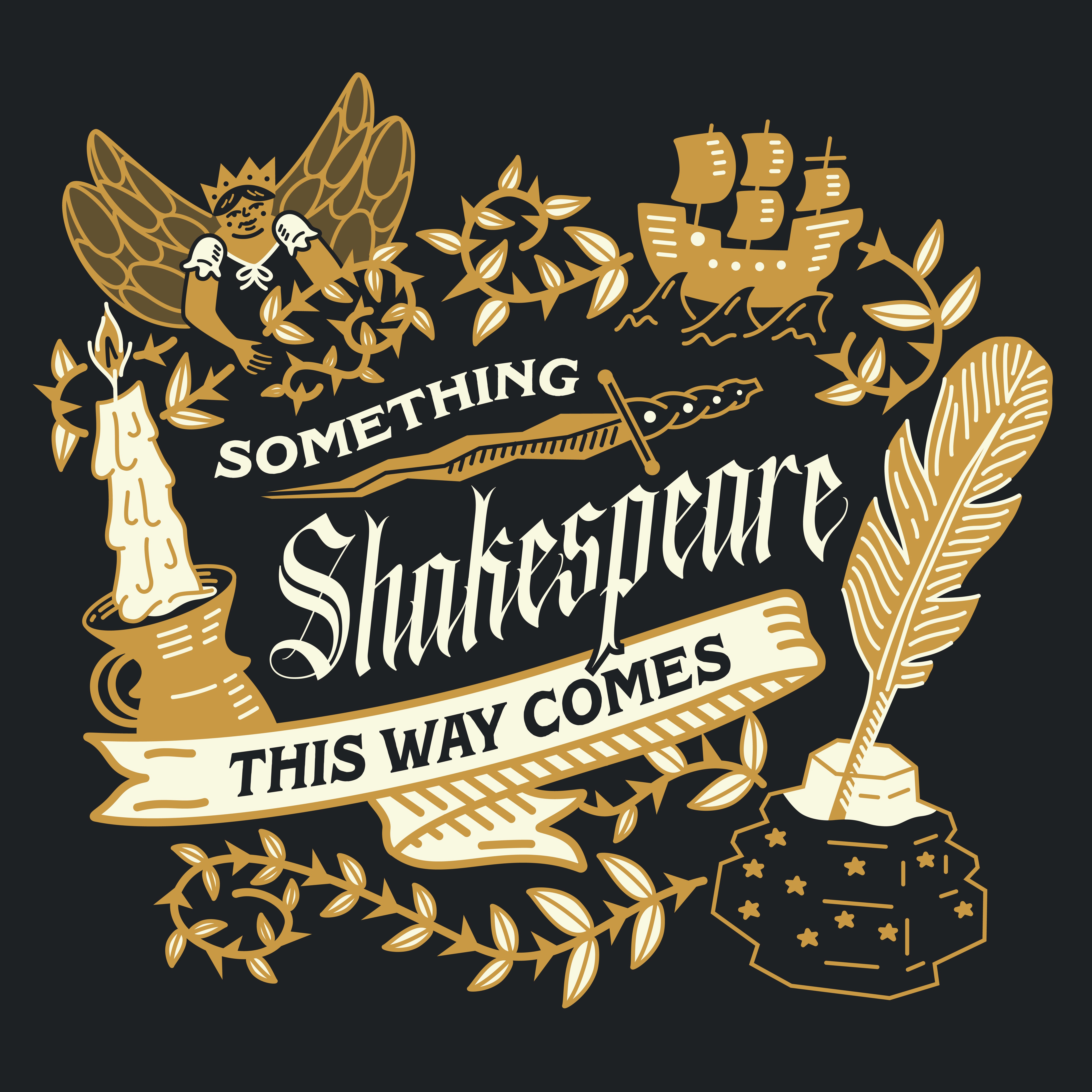 Something Shakespeare this Way Comes podcast art featuring motifs from the plays including a dagger, a ship, and a fairy.
